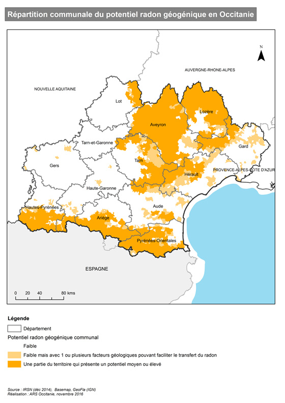 Répartition communale du potentiel radon géogénique en Occitanie