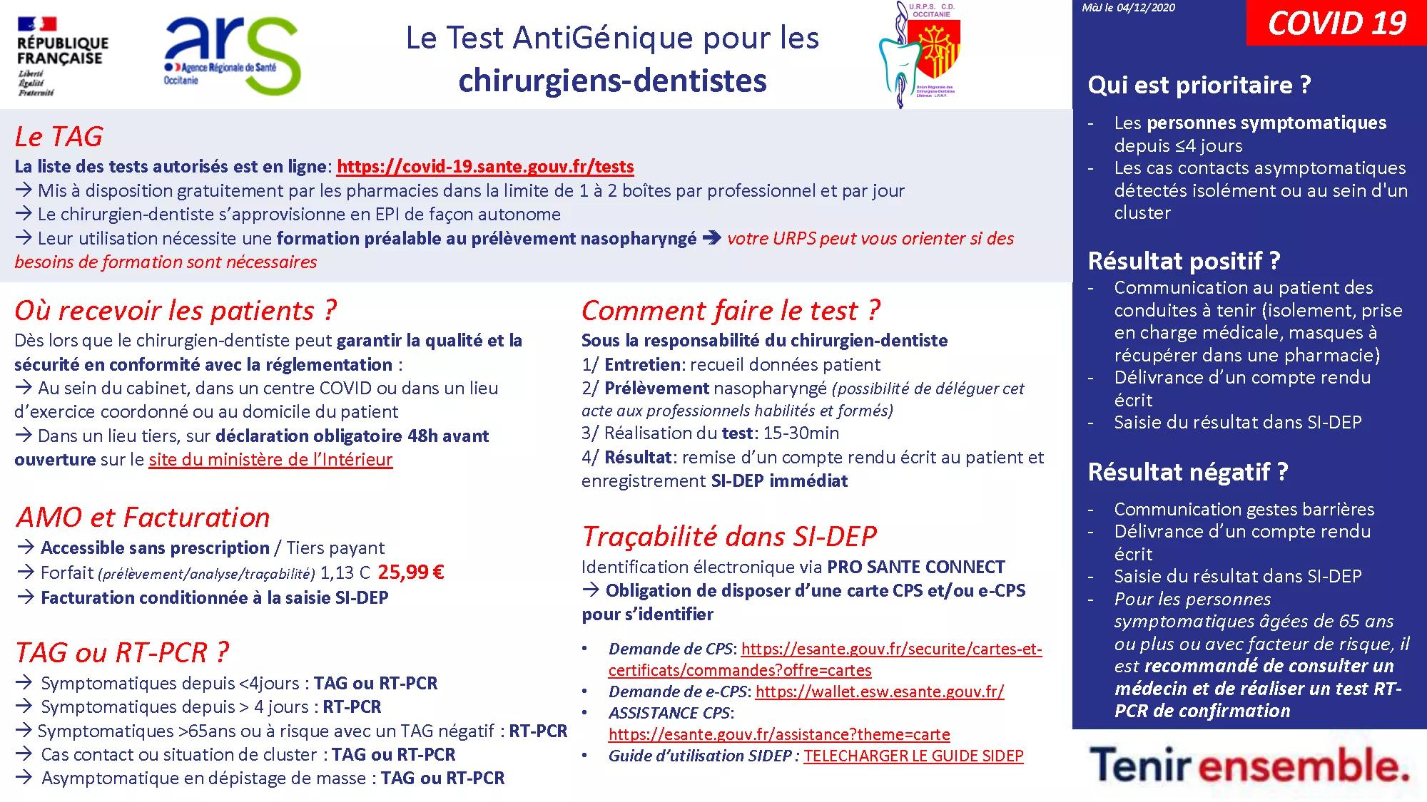 #COVID19. Tests antigéniques Fiche technique pour les chirurgiens-dentistes