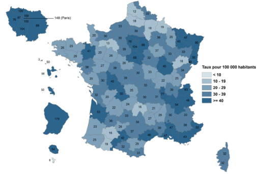 Cartographie Nombre de personnes en ALD pour 100 000 habitants pour une Hépatite chronique B en France