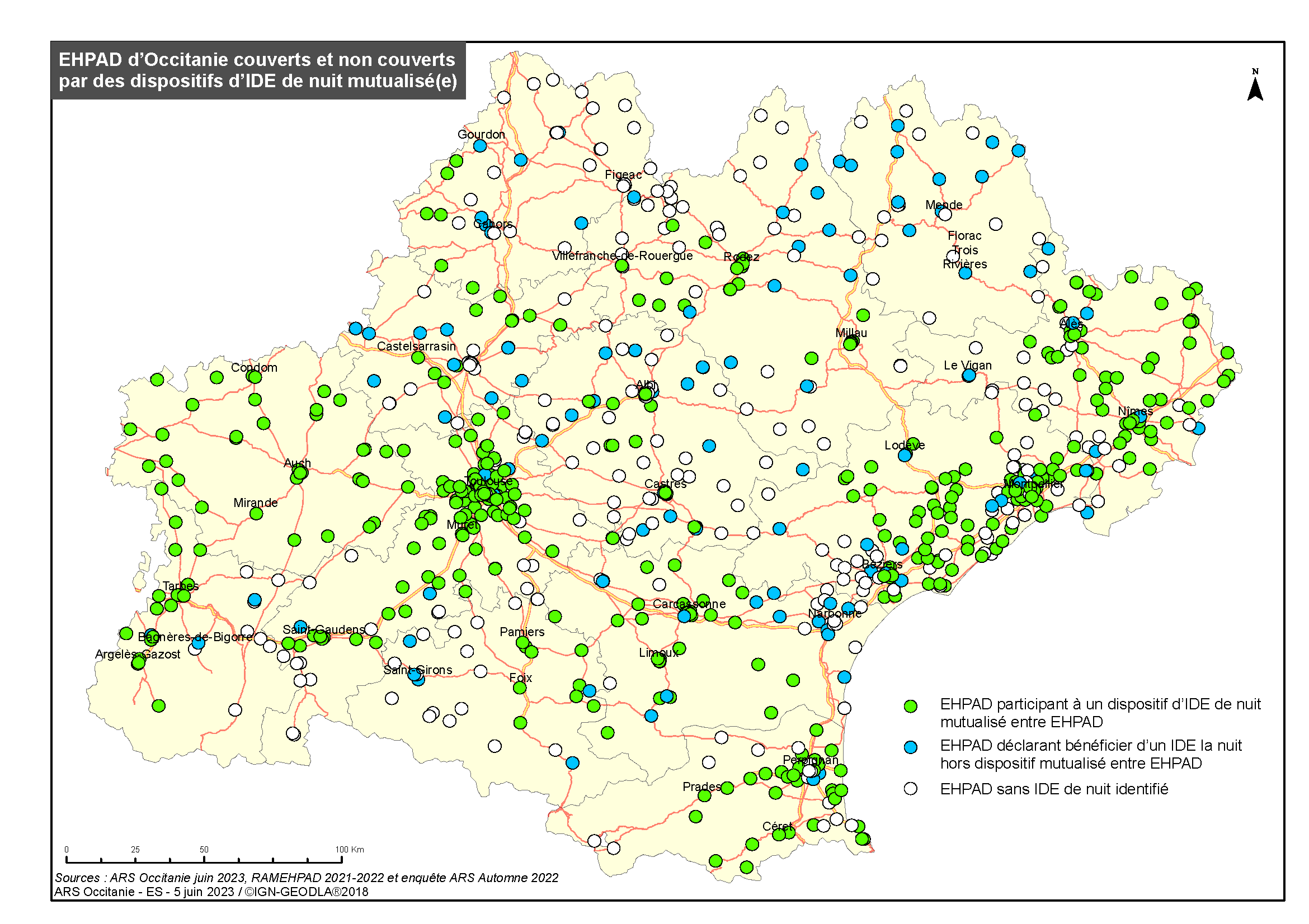 Consultez la cartographie EHPAD d’Occitanie couverts et non couverts par des dispositifs d’IDE de nuit mutualisé(e) (PDF 2.03 Mo)