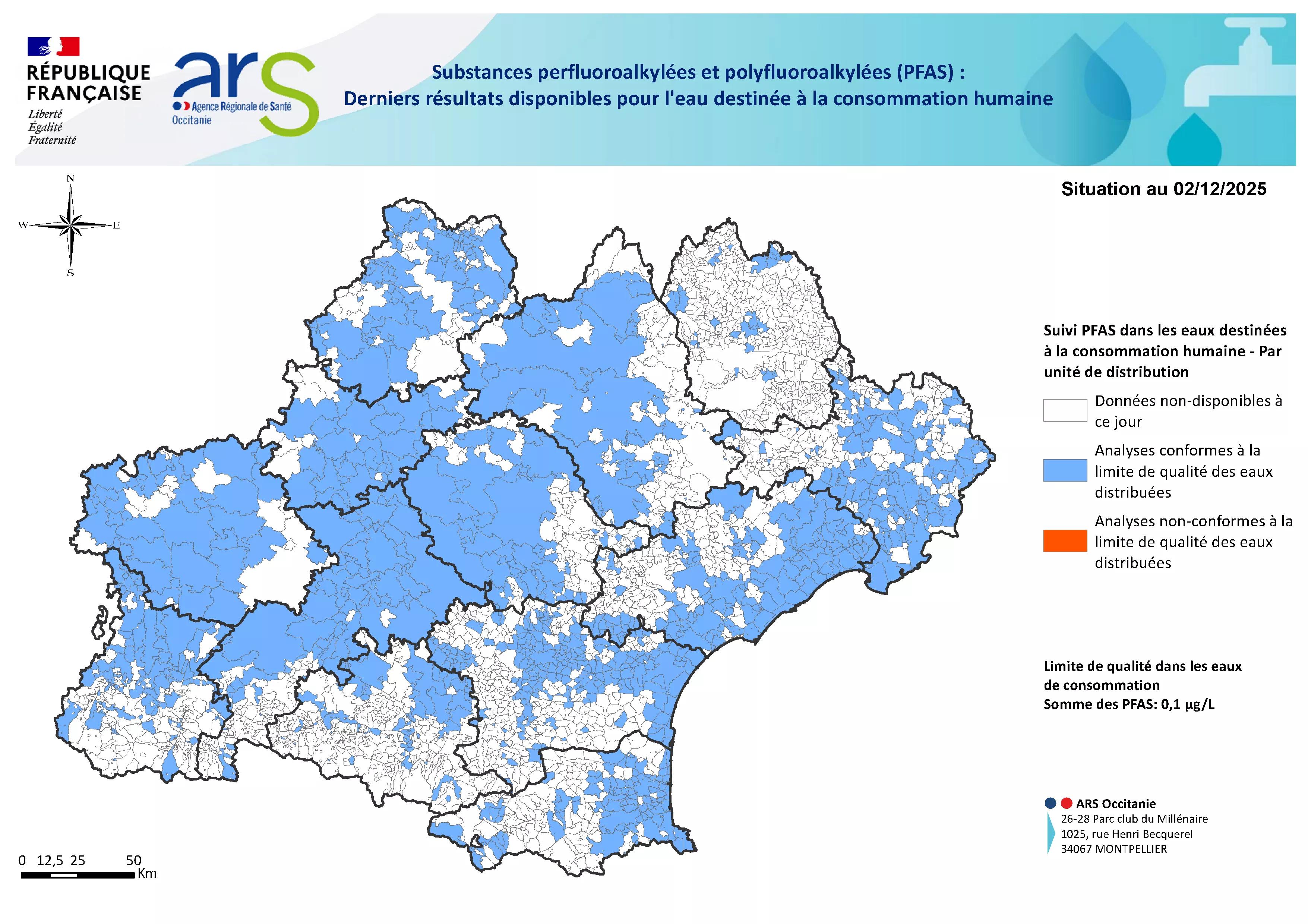 Résultats des analyses PFAS en sortie de production et distribution en Occitanie 2025