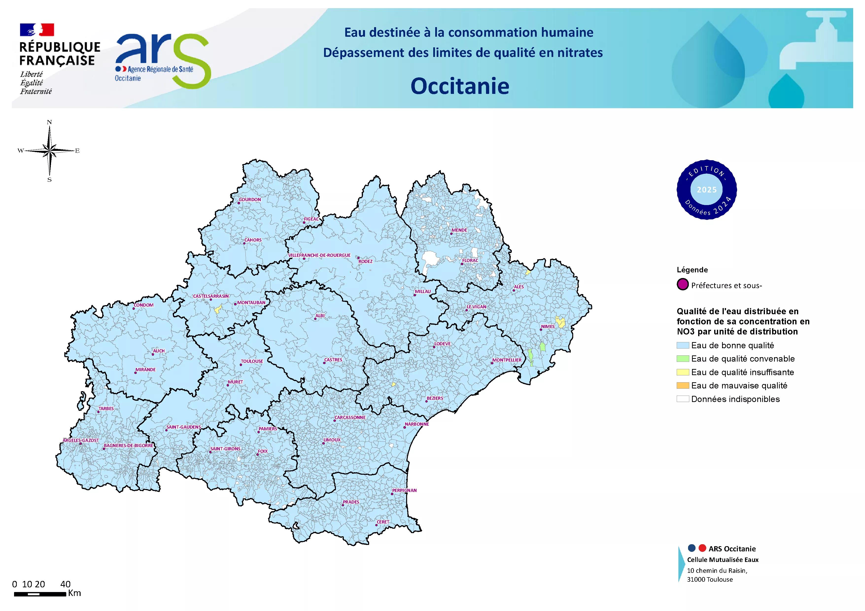 Carte dépassement des limites de qualité en nitrates en Occitanie