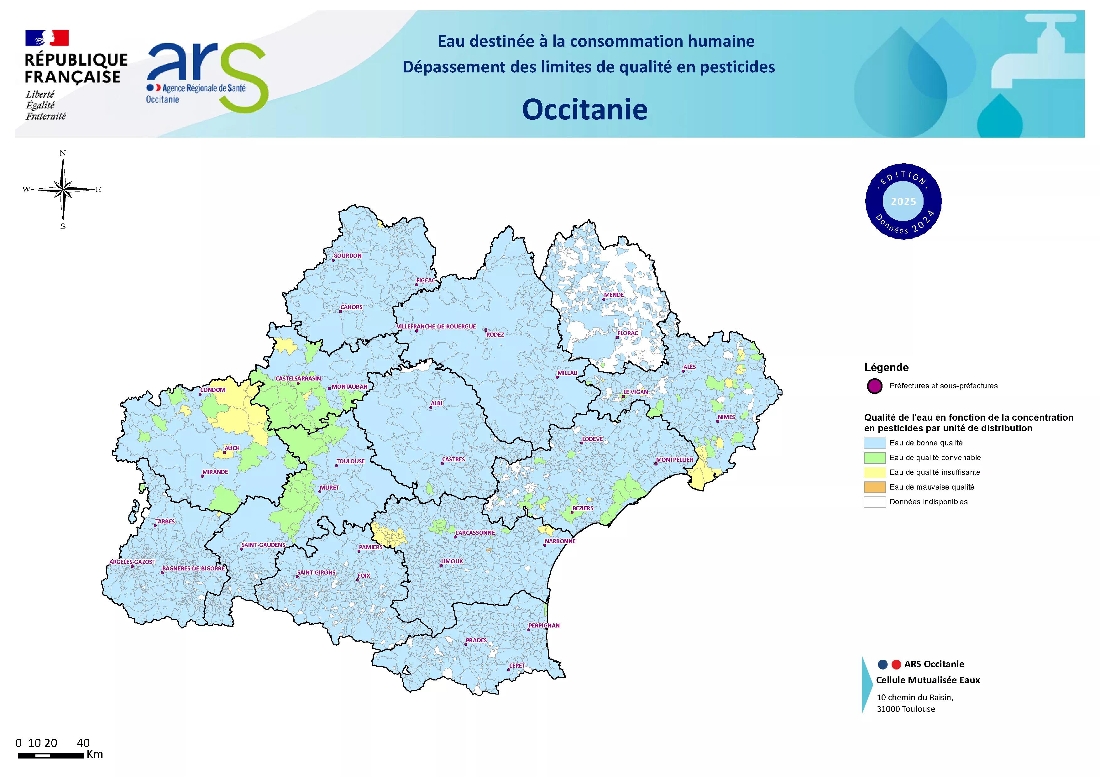 Carte dépassement des limites de qualité en pesticides en Occitanie