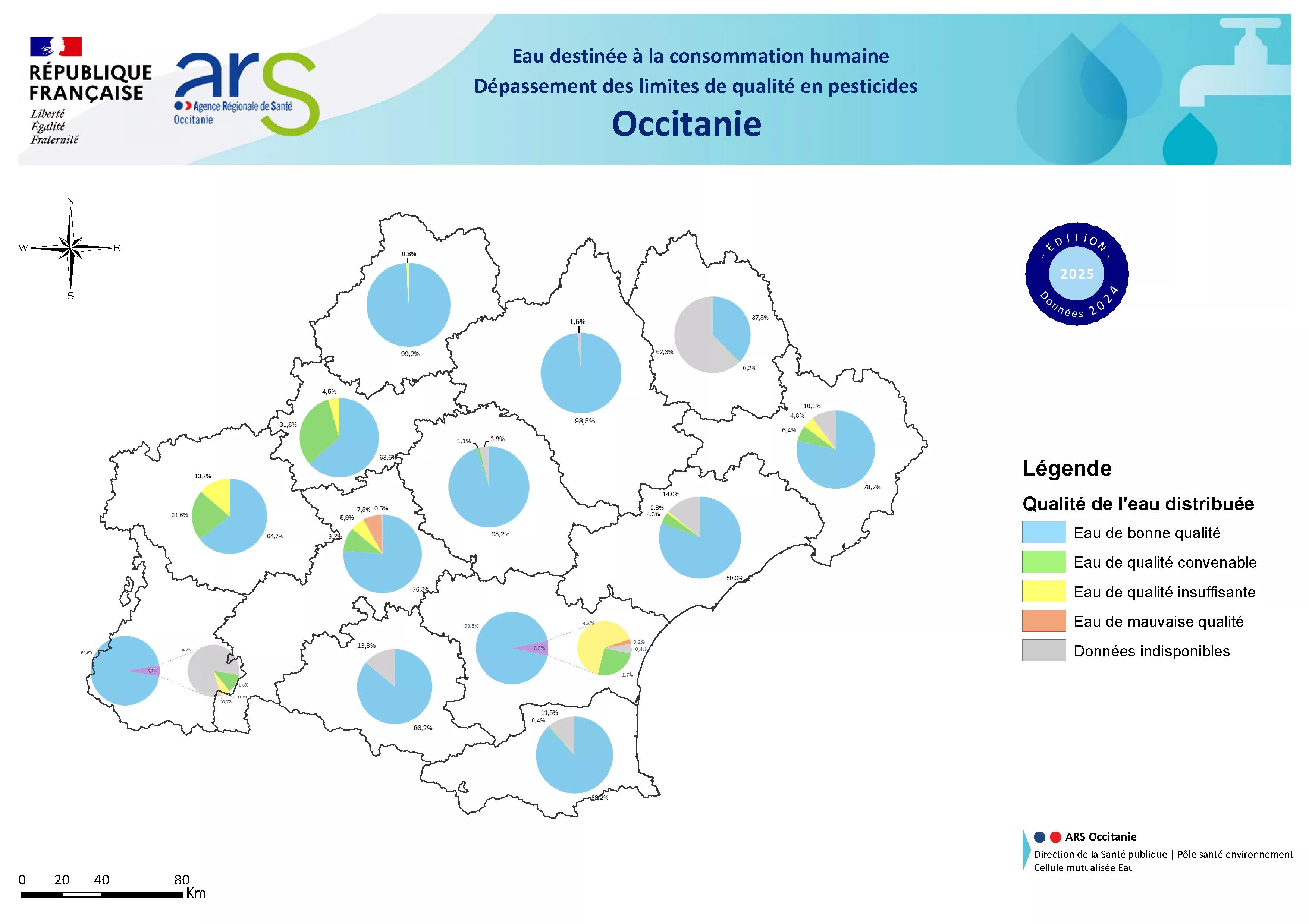 Carte dépassement des limites de qualité en pesticides en Occitanie