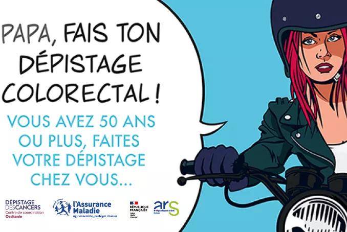 Dessin d'une fille qui interpelle son père : Papa, fais dépistage colorectal !