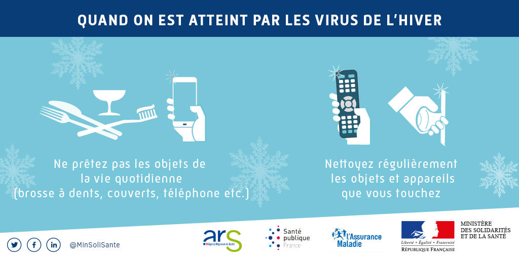 Quand on est atteint par les virus de l'hiver : ne prêtez pas les objets de la vie quotidienne (brosse à dents, couverts, téléphone, etc.) et nettoyez régulièrement les objets et appareils que vous touchez.