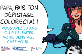 Dessin d'une fille qui interpelle son père : Papa, fais dépistage colorectal !