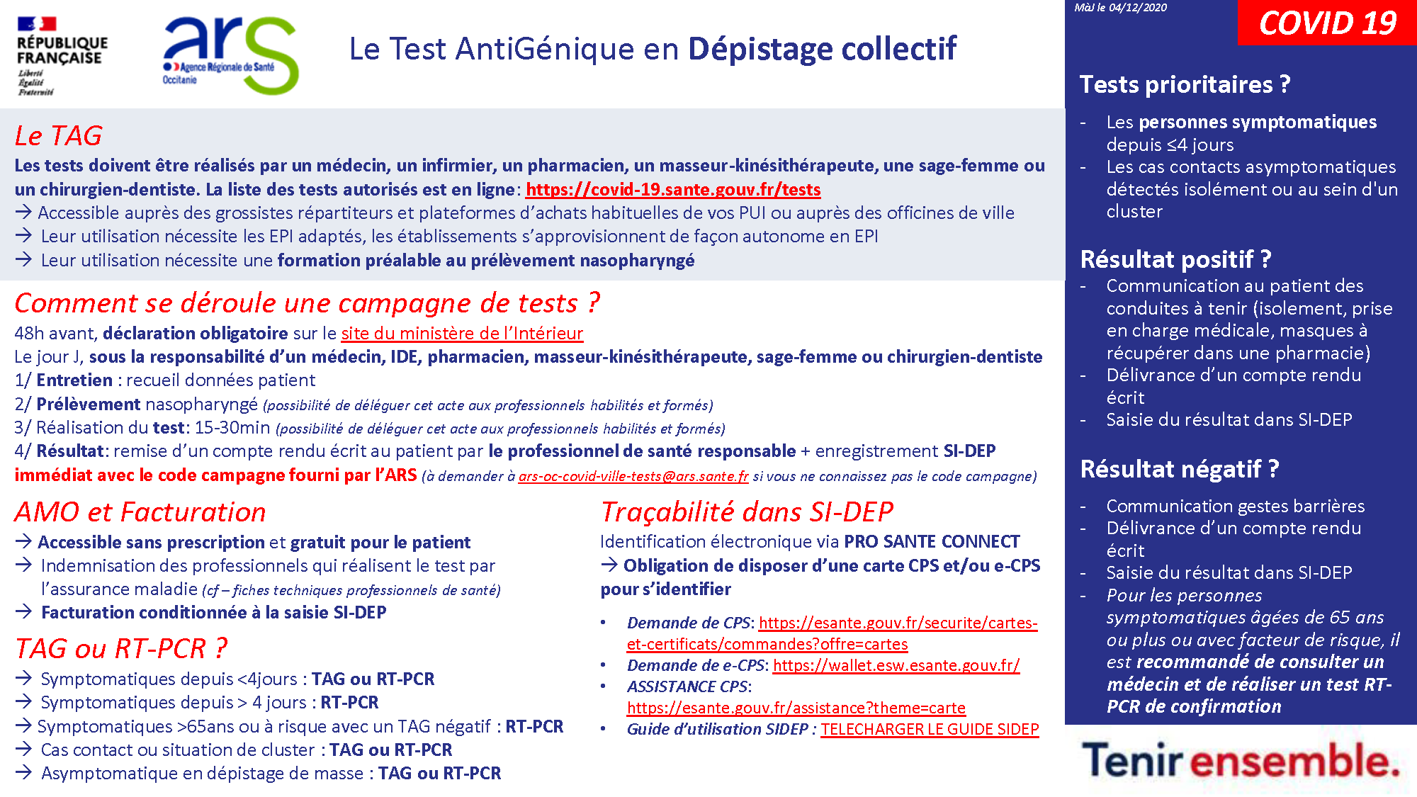 #COVID19. Tests antigéniques Fiche technique dépistage collectif