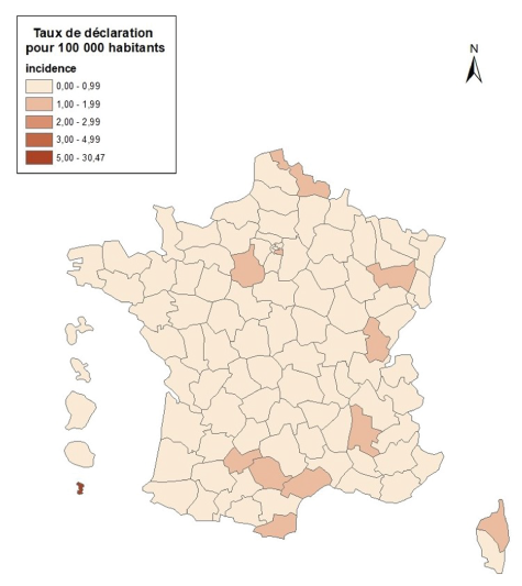 Cartographie Taux de déclaration des Hépatites A en France pour 100 000 Habitants