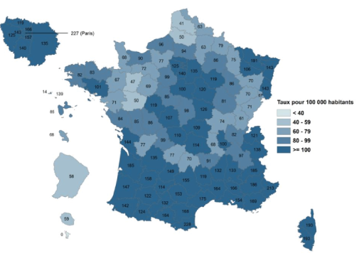 Cartographie Nombre de personnes en ALD pour 100 000 habitants pour une Hépatite chronique C en France