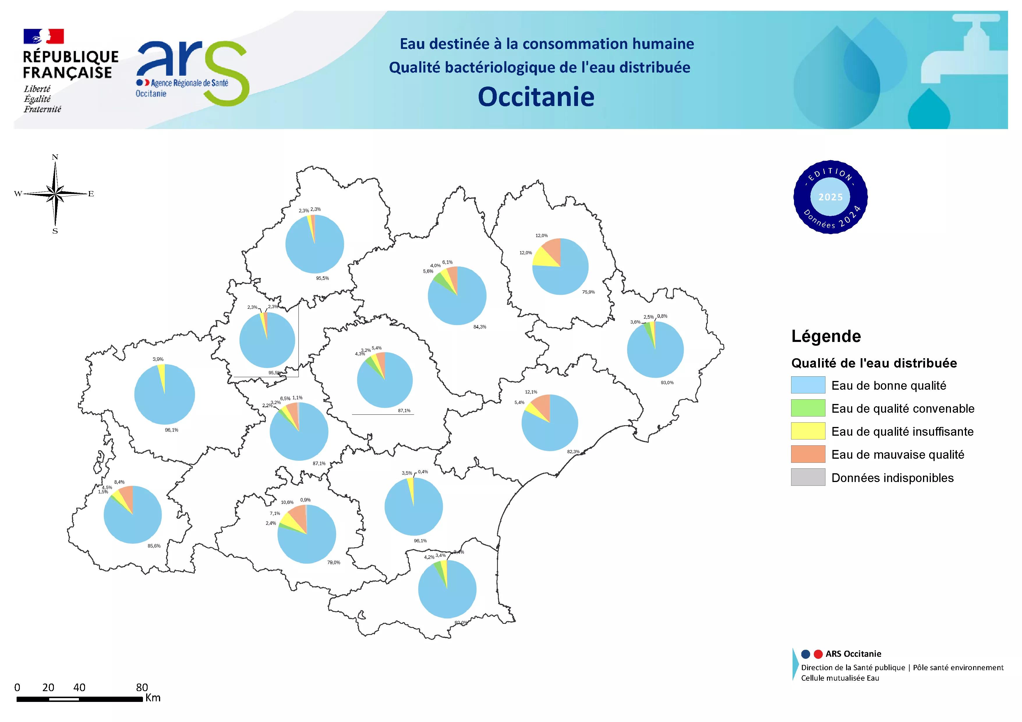 Carte de la qualité bactériologique de l'eau distribuée en Occitanie