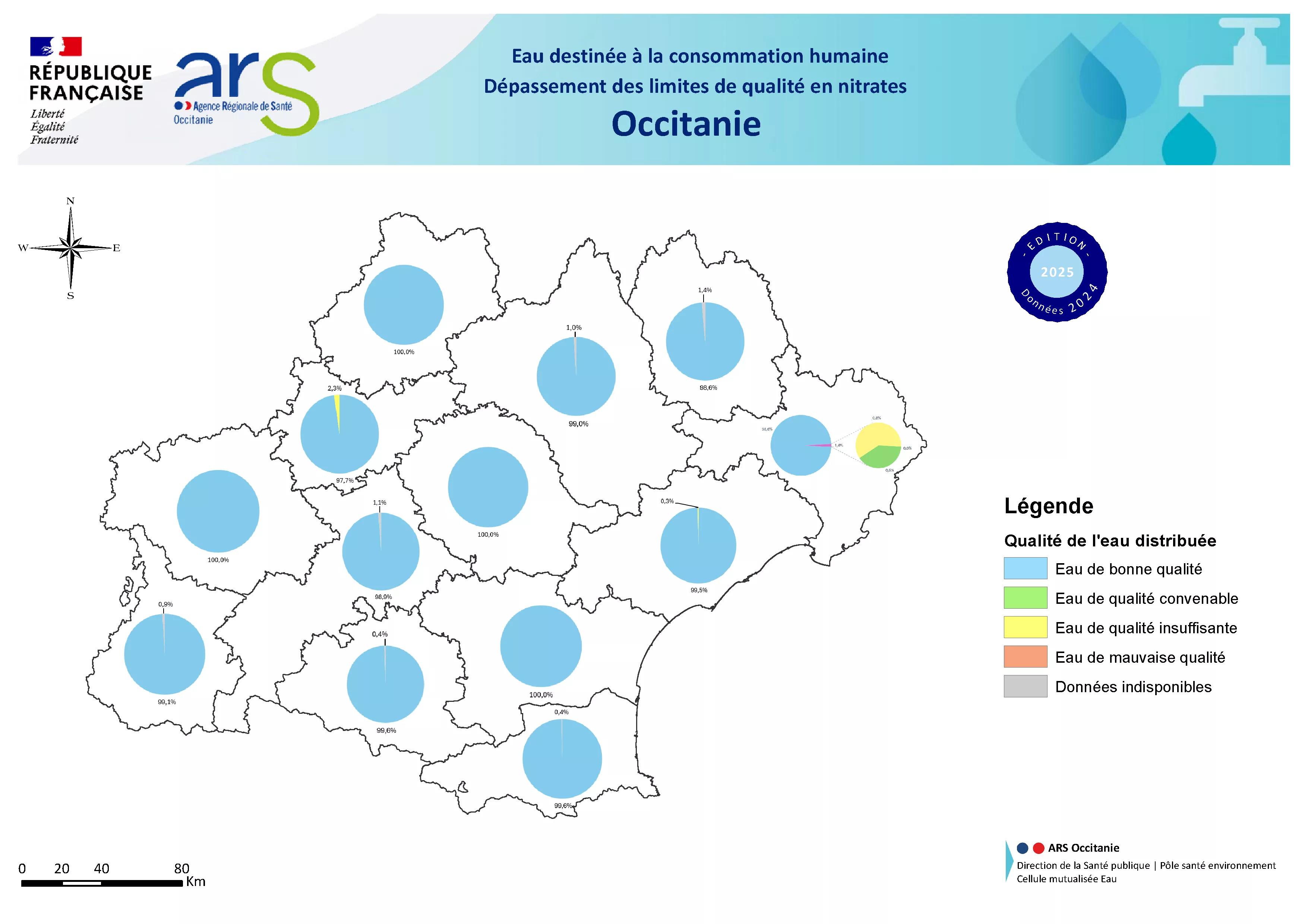 Carte dépassement des limites de qualité en nitrates en Occitanie