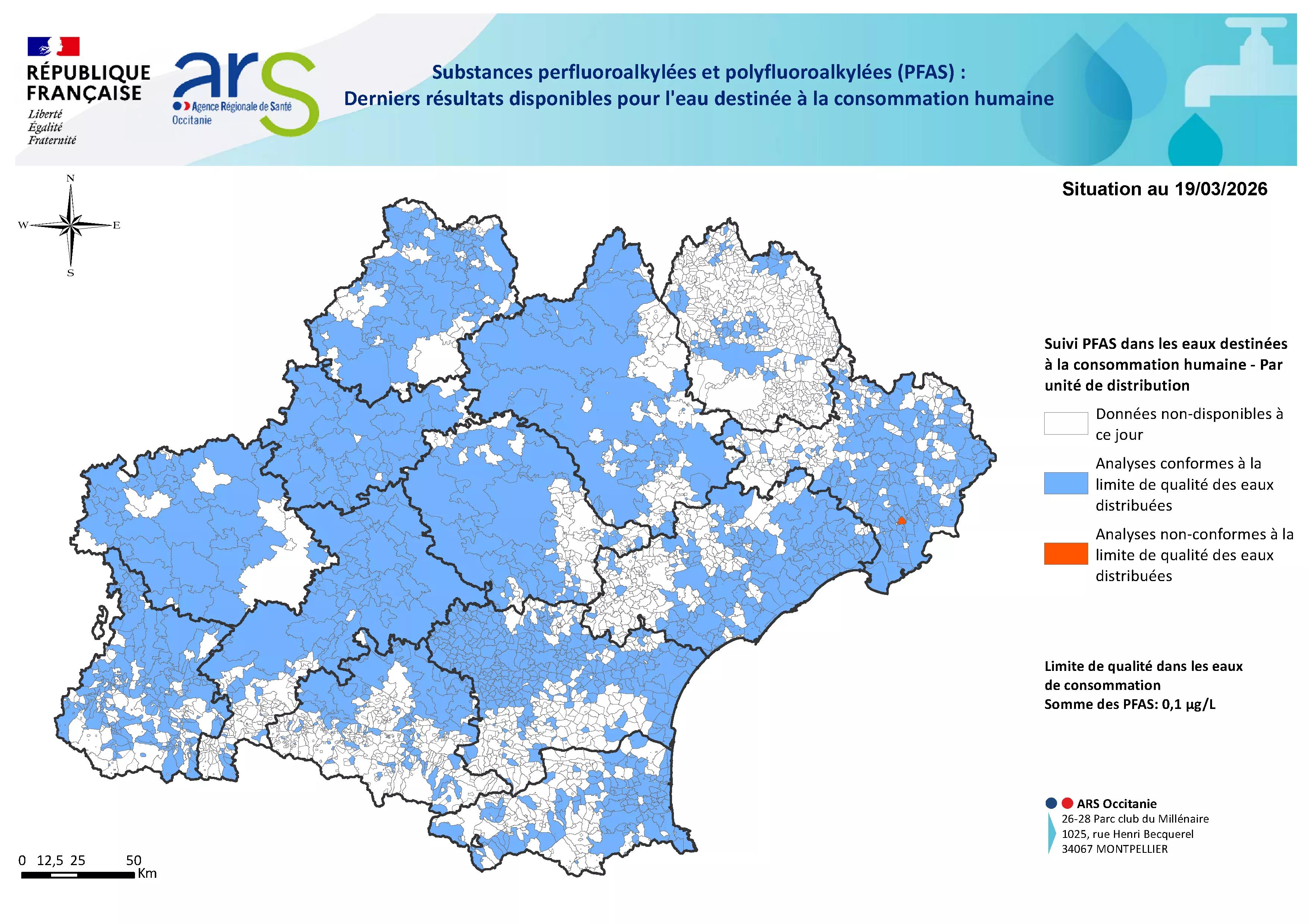 Résultats des analyses PFAS en sortie de production et distribution en Occitanie 2026