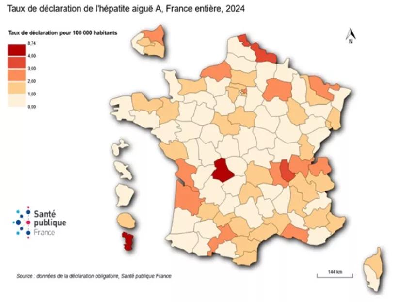 Taux de signalement (pour 100 000 habitants) d’hépatite aiguë A par département, France entière, 2024