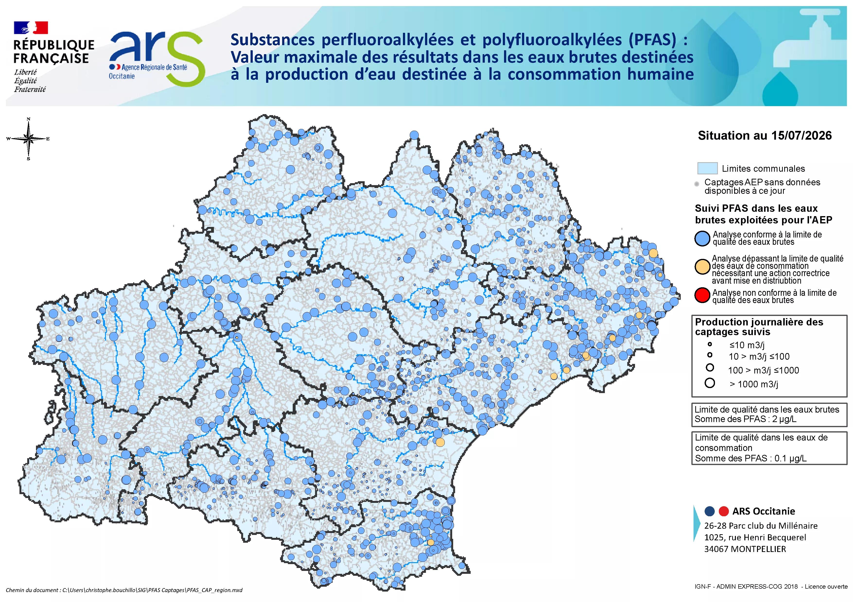 Cartographie des résultats des analyses PFAS en captages en Occitanie 2026