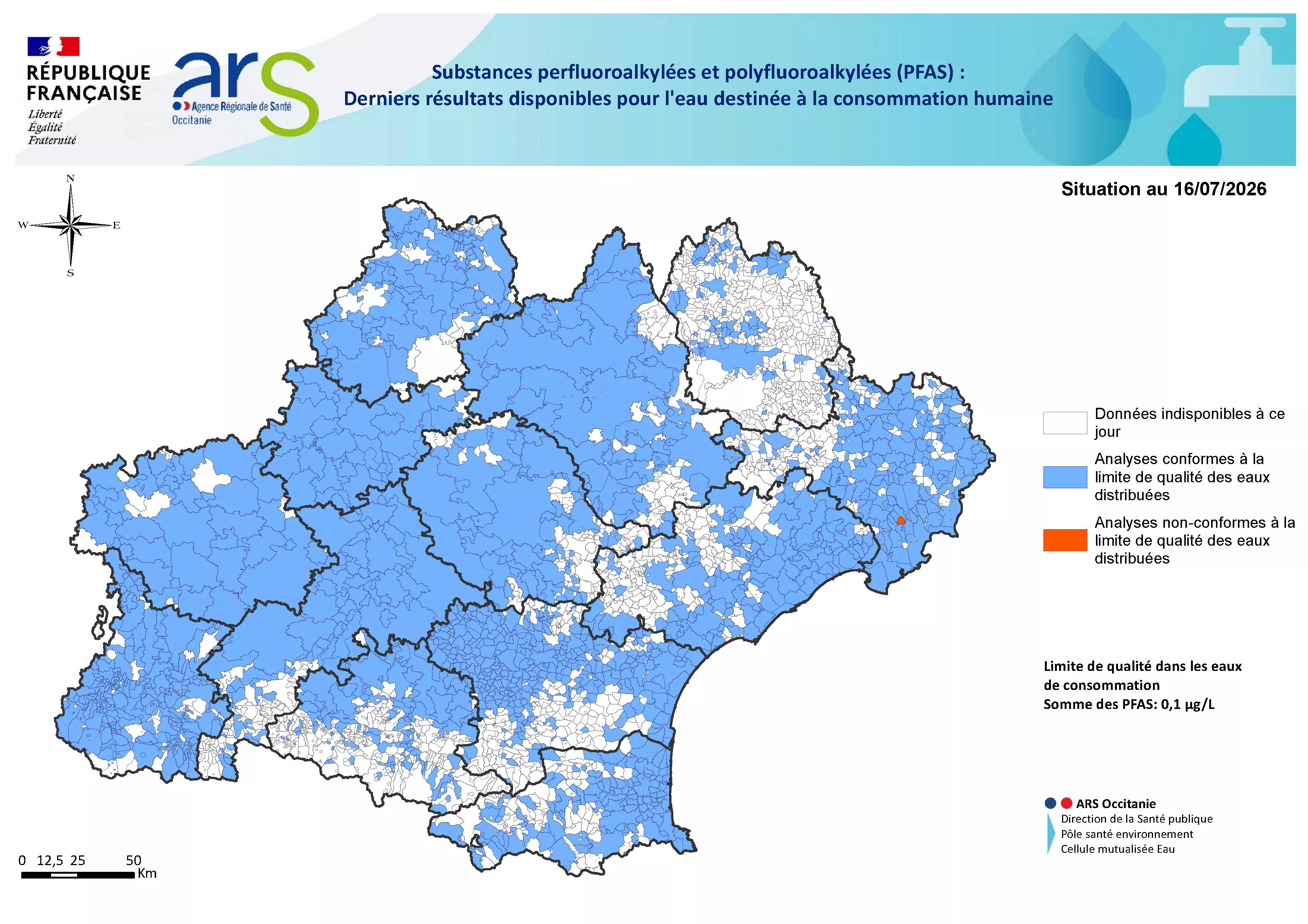 Cartographie des résultats des analyses PFAS en sortie de production et distribution en Occitanie 2026