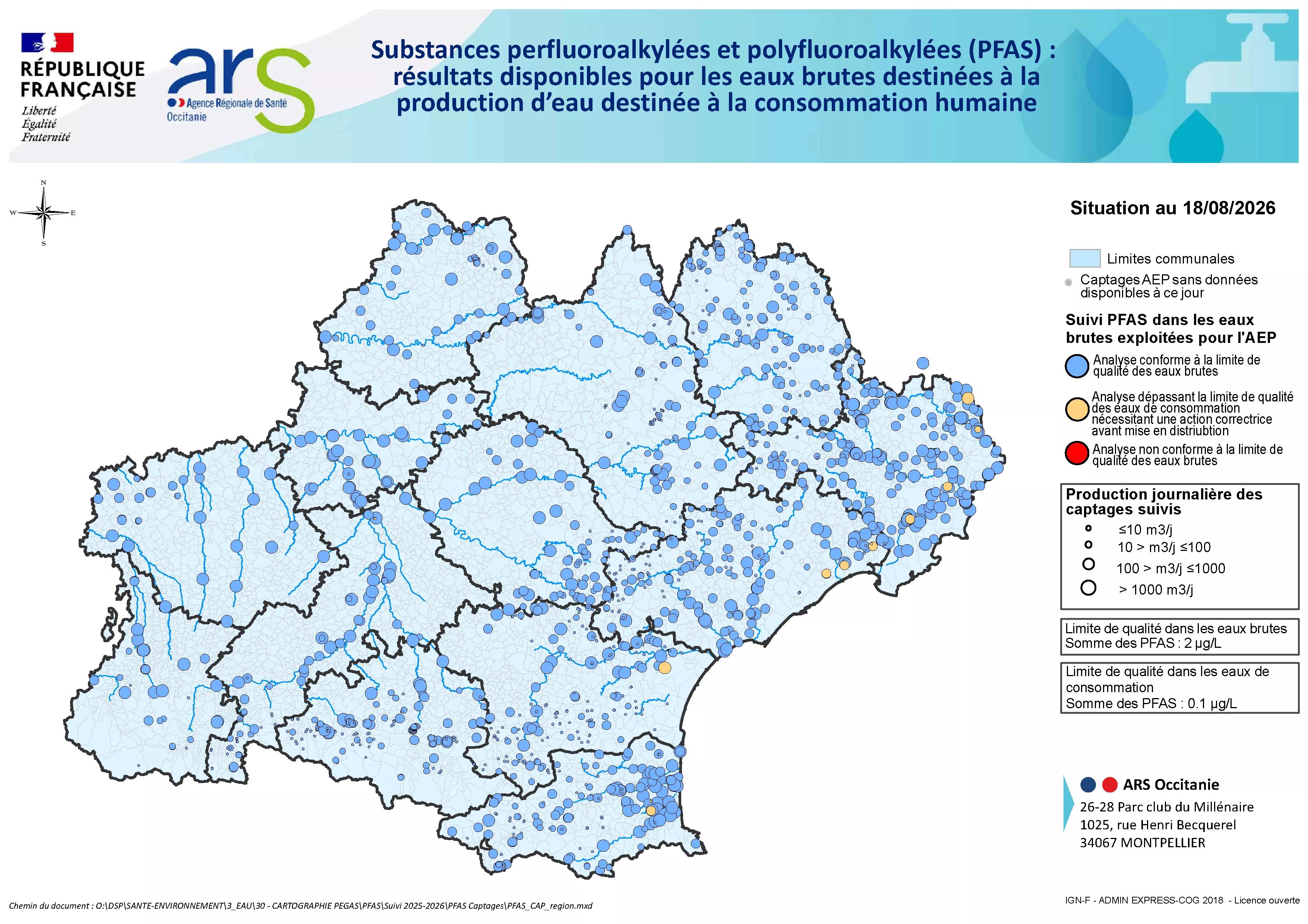 Cartographie des résultats des analyses PFAS en captages en Occitanie 2026