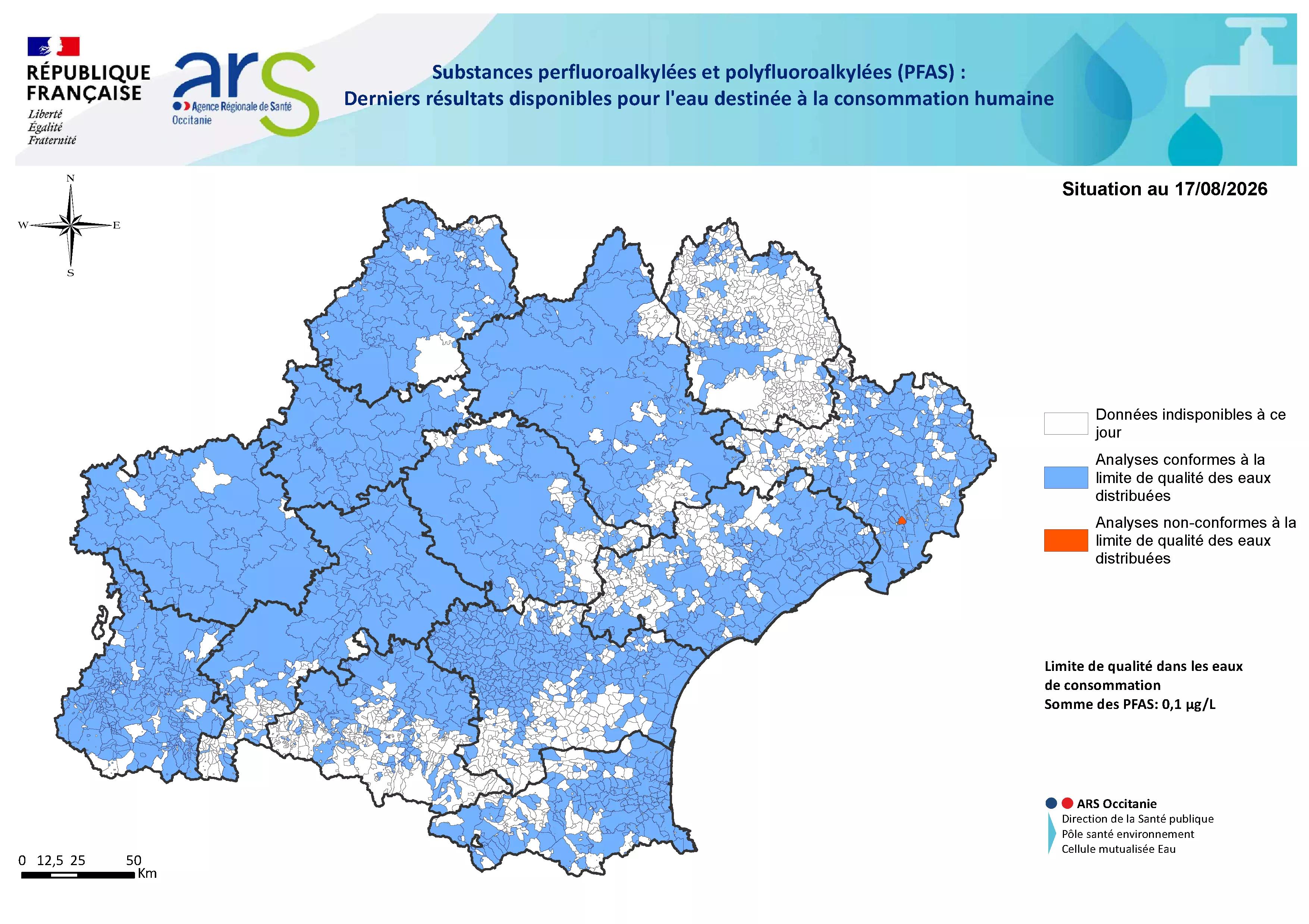 Cartographie des résultats des analyses PFAS en sortie de production et distribution en Occitanie 2026
