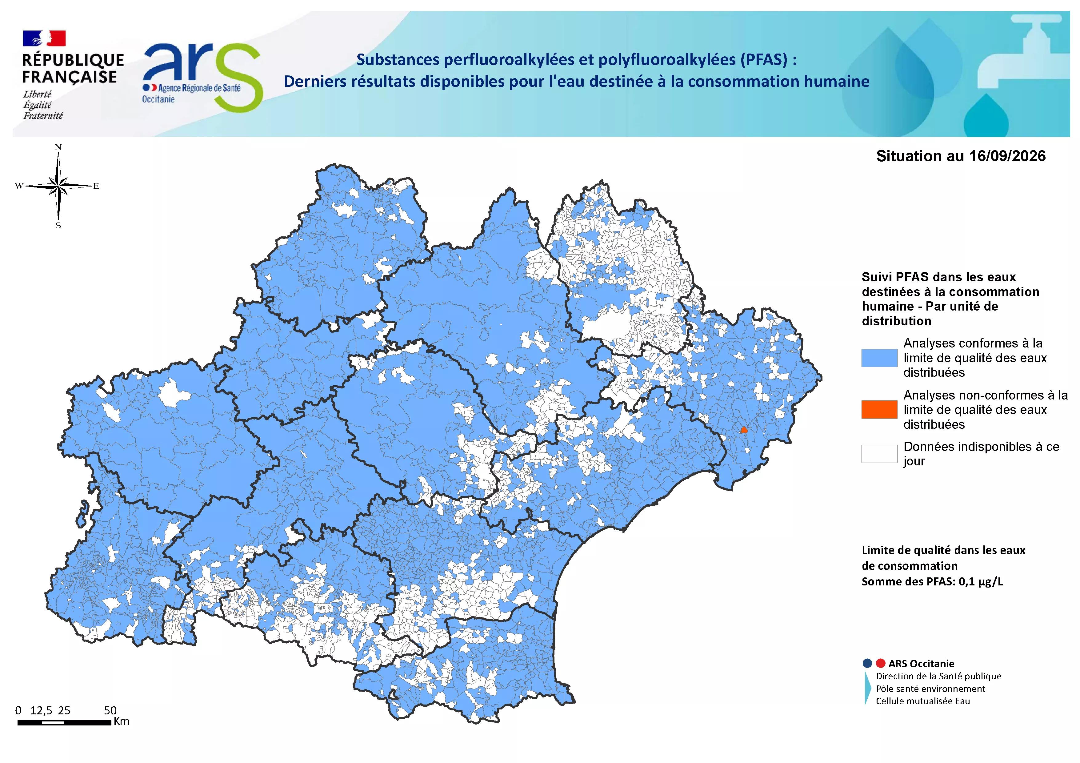 Cartographie des résultats des analyses PFAS en sortie de production et distribution en Occitanie 2026